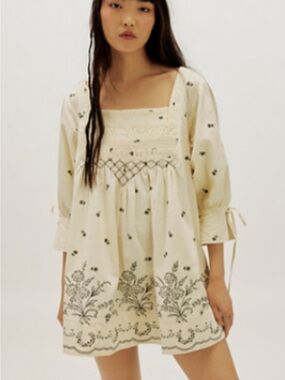 Free People Cream Peasant Blouse with Black Floral Embroidery